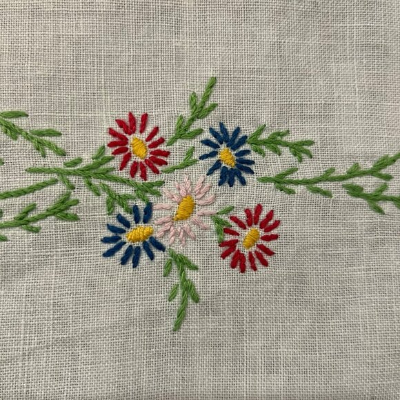 Vintage Hand Embroidered Floral Tablecloth Red Crochet Lace 50x52 Cottage - Picture 6 of 16